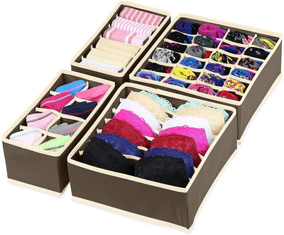 ComfyStyle Set of 4 Foldable Drawer Organizer for Clothes for Bra, Tie, and Scarfs-Brown Drawer Divider(Fabric)