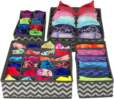 ComfyStyle Set of 4 Foldable Drawer Organizer for Clothes for Bra and Scarfs-Grey ZigZag Drawer Divider(Fabric)