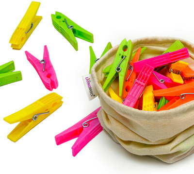 LivingBasics 24 Pcs Clothes Drying Pins/Pegs with Cotton Storage Bag / Plastic Cloth Clips(Multicolor)