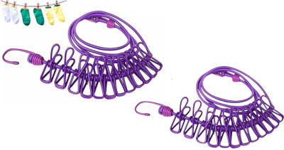BKDT Marketing Portable Drying Rope with 12 Clips and 2 Hooks |Rope for Home-Balcony -Terrace Nylon Cloth Clips(Purple Pack of 2)