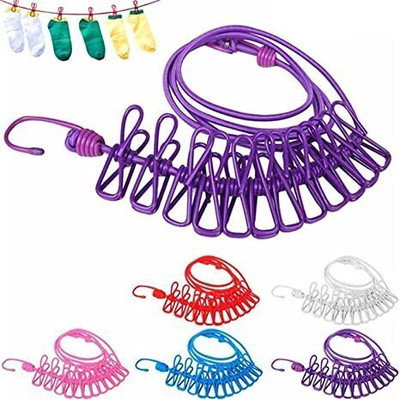 KGBTREADS Cloth-Drying Rope with Hooks Elastic Cloth Hanging 12 Clips Plastic, Steel Cloth Clips(Multicolor)