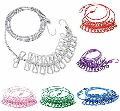 ALWAFLI Cloth-Drying Rope with Hooks Elastic Cloth Hanging 12 Clips Plastic, Steel Cloth Clips(Multicolor)