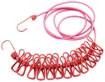 SIDGO Cloth Handling 2 Hooks Drying Rope 12 Clips Portable Travel Clothes Line-01 Plastic, Steel Cloth Clips(Multicolor)