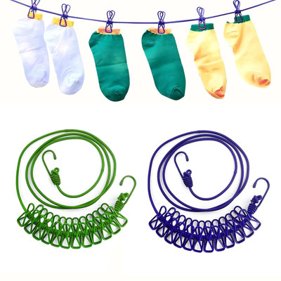 HINSHOZ 2X Clothesline 12 Pegs Clips Portable Expandable Adjustable Retractable Airer Plastic Cloth Clips(Multicolor Pack of 2)