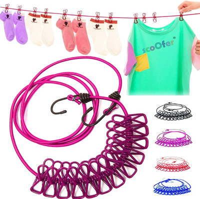 PRIMEFAIR Portable Multi Functional Drying Rope with 12 Clips and 2 Hooks Iron Cloth Clips(Multicolor)