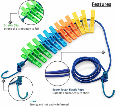 Jatin High End Innovation Heavy & Durable Rust Free Elastic Rope With Attached Cloth Clips Multi Use Plastic Cloth Clips(Multicolor, Blue, Clear, Orange Pack of 2)