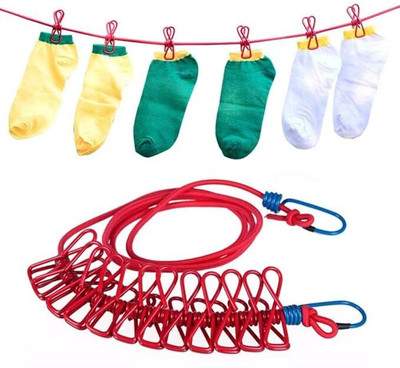 GEEO Portable Cloth Drying Line with Clips – Travel & Home Use Clothesline Rope Polypropylene Cloth Clips(Multicolor)