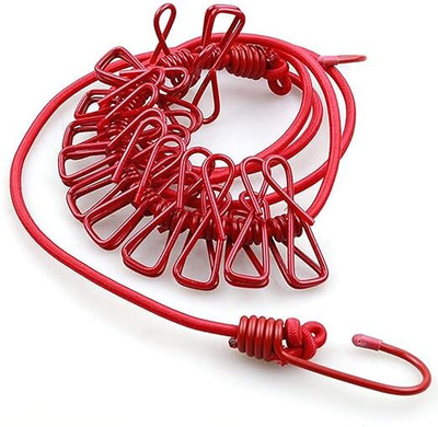 Haris Cloth Drying Rope with Hook | Elastic Hanging Rope for Cloth Drying with 12Clips Stainless Steel Cloth Clips(Multicolor)