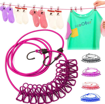 ODIN Cloth Drying Rope with 12 Clips with 2-Hooks Elastic Cloth Hanging Rope (1-Pcs) Iron, Plastic Cloth Clips(Multicolor)