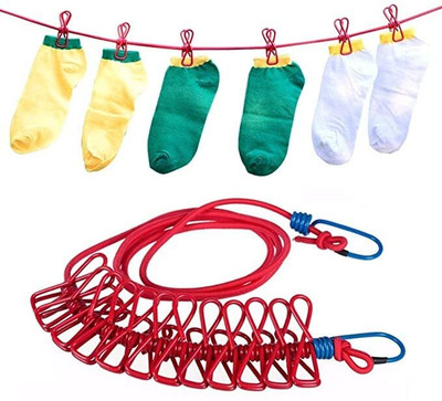 FLOBIQUE Multi Functional Portable Drying Rope with 12 Clips and 2 Hooks (Multicolour) Plastic, Nylon Retractable Clothesline(1.8 m)