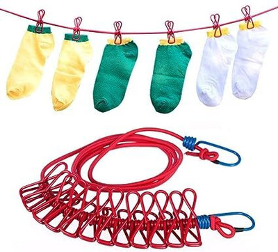 CODIVER Cloth Drying Rope with 12 Clips, Kapde Sukhane Ki Dori with Hooks Plastic Cloth Clips(Red)