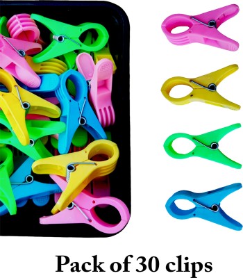 DRY LINE Cloth Drying Clips with Storage Box Big Heavy Duty Chimti Hanger Pegs Plastic Cloth Clips(Pink, Yellow, Green, Purple Pack of 30)