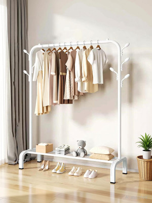 BUCKETLIST Steel Floor Cloth Dryer Stand Metal Garment Rack with Top Rod and Lower Storage Shelf with Hooks(1 Tier)