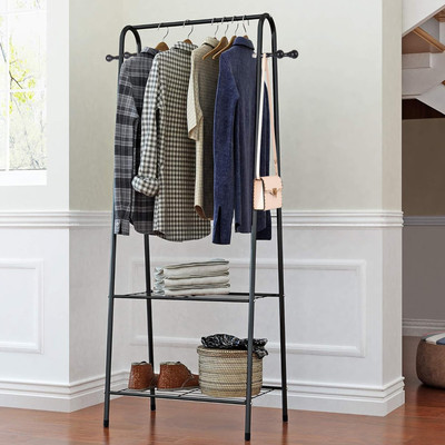 LEOPAX Steel Floor Cloth Dryer Stand Premium Metal Garment Rack with 4 Hooks & Dual Layer Shelf for Storing Clothes(3 Tier)