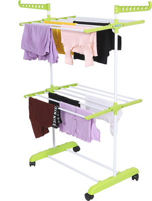 FLIPZON Steel, Plastic Floor Cloth Dryer Stand Premium Clothes Stand for Drying with Wheels | Portable | Foldable Wings(2 Tier)
