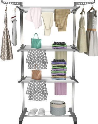 V-MOP Steel Floor Cloth Dryer Stand Premium Stainless Steel Clothes Drying Stand for Balcony & Home -00- (GREY)(3 Tier)