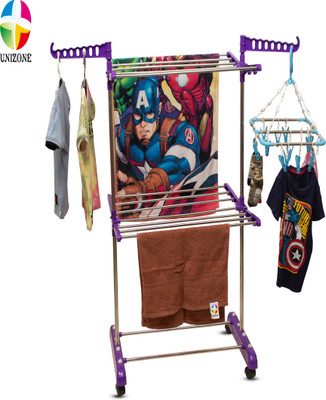 Unizone Steel, Plastic Floor Cloth Dryer Stand SS Premium Compact Space Saving Foldable - US2001 Single Poll(2 Tier)