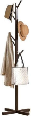 ADA Handicraft Wood Floor Cloth Dryer Stand Bamboo 8 Hook Organizer Coat Stand for Hats, Scarves and Accessories-Dark Brown(1 Tier)