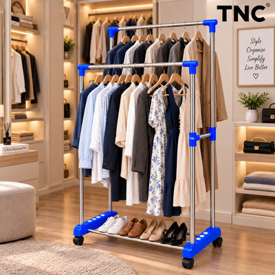 TNC Plastic, Steel Floor Cloth Dryer Stand Movable Clothes Hanging Rack with Wheels & Bottom Storage | Blue(2 Tier)