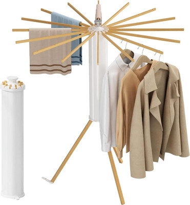 KriShyam Wood Floor Cloth Dryer Stand Fan-Shaped Free Standing with Tripod Stand 360° Rotation/16 wooden Poles(2 Tier)