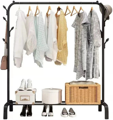 ZEUS GLOBALIZED Steel Floor Cloth Dryer Stand ZEUS Metal Garment Rack Heavy Duty With Top Rod And Storage Shelf 6 Hooks(1 Tier)