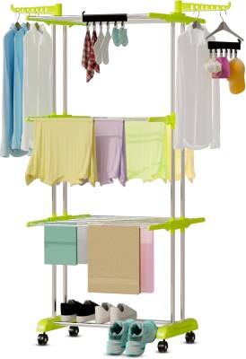 LivingBasics Steel Floor Cloth Dryer Stand / Foldable Clothes Drying Rack with Set of 2 Icon Clips - Lime Green(3 Tier)