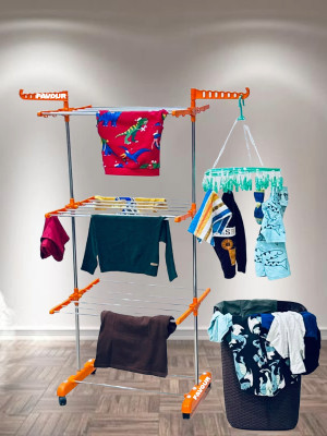 FAVOUR Steel Floor Cloth Dryer Stand Stainless Steel Made In India Single Pole 3 Tier Foldable Stand V-13(3 Tier)