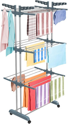 QUXOZO Plastic, Steel Floor Cloth Dryer Stand 12 Month Warranty Rust Free Premium Material with Wheels RR- 34996515(3 Tier)