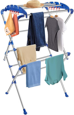 Zureni Steel Floor Cloth Dryer Stand Stand Heavy Duty Foldable & Portable Dryer 2 Layer Rack Hooks for Balcony(2 Tier)