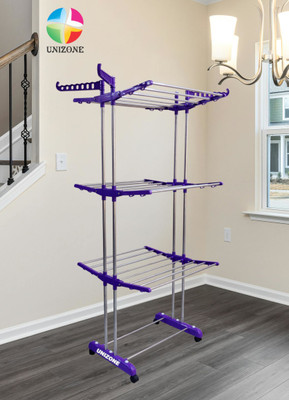 Unizone Steel, Aluminium, Plastic Floor Cloth Dryer Stand SS Premium Compact Space Saving Foldable - UD3001 Double Poll(3 Tier)