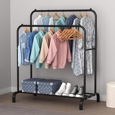 LEOPAX Steel Floor Cloth Dryer Stand Double Rod Cloth Rail, Metal Garment Rack With Top Rod and Lower Storage Shelf(1 Tier)