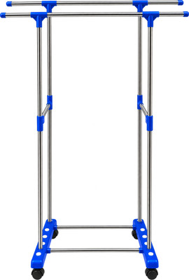 TNC Plastic, Steel Floor Cloth Dryer Stand Double Rod Cloth Drying Stand with Wheels, Heavy-Duty Metal Frame, Blue(2 Tier)