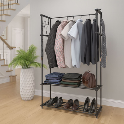 Naayaab Craft Aluminium Floor Cloth Dryer Stand Cloth Rack With Side Hooks, Cloth Rail Dual Shelf Storage For Bedroom & Hallway(2 Tier)