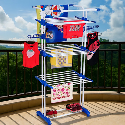 PARASNATH Steel, Plastic Floor Cloth Dryer Stand 3 Poll Cloth Drying Stand - 3 Poll - 3 Layer (Wheels Comes with Break System)(3 Tier)