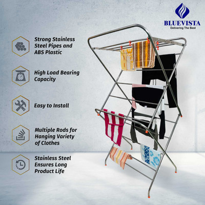 Bluevista Steel Floor Cloth Dryer Stand Bright 6 Feet rust proof heavy duty 15 rod foldable for balcony easy to use(2 Tier)