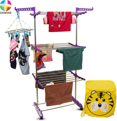 Unizone Steel, Aluminium, Plastic Floor Cloth Dryer Stand SS Premium Compact Space Saving Foldable - US3831 Single Poll(3 Tier)