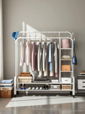 BUCKETLIST Steel Floor Cloth Dryer Stand Portable Garment Rack,Metal Clothes with 2 Hanging Rails, 4 Hooks,4 Side Shelves(5 Tier)