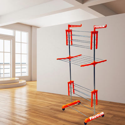 FAVOUR Plastic, Steel Floor Cloth Dryer Stand Movable & Foldable Stainless Steel Orange 1 Pole 3Tier Cloth Drying Stand 010(3 Tier)