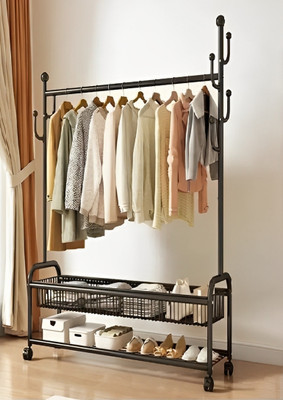 KriShyam Steel Floor Cloth Dryer Stand Exquisite Clothes Rail Rack Clothes Rail, 4 in 1 Coat Rack on Brake Wheels(3 Tier)