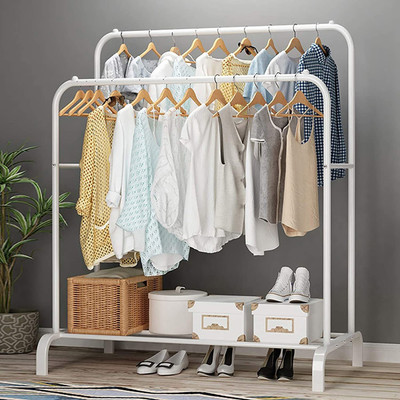 BUCKETLIST Steel Floor Cloth Dryer Stand Metal Garment Rack with Top Rod and Lower Storage Shelf with Hooks(2 Tier)