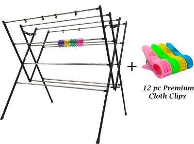 DRY LINE Steel Floor Cloth Dryer Stand Folding with Stainless Steel Rods-RUST PROOF + 12 Plastic Cloth Clips(4 Tier)
