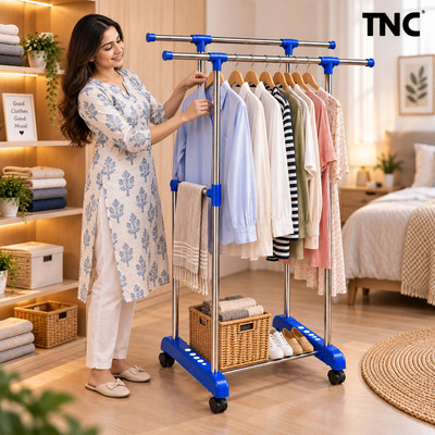 TNC Plastic, Steel Floor Cloth Dryer Stand Double Hanging Clothes Rack with Shoe Storage Base, Metal Body, Blue(2 Tier)