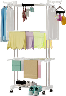 LivingBasics Steel Floor Cloth Dryer Stand / Foldable Clothes Drying Rack with Set of 2 Icon Clips - Snow White(3 Tier)