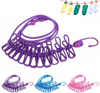 ALFONSIYAZ 12 Clips & 2 Hooks Portable Outdoor Clothesline Rope Nylon, Plastic, Stainless Steel Retractable Clothesline(1.8 m)