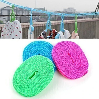 StadiumEX 5 Meters Windproof Anti-Slip Clothes Drying Rope with Hooks ( Pack of 2) Nylon Retractable Clothesline(5 m)