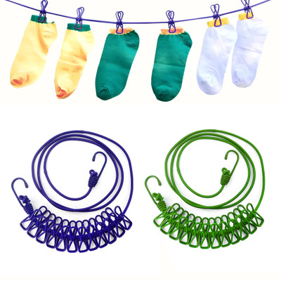 KUBER INDUSTRIES Cloth Drying Rope with 12 Clips for Balcony-Travel|1.8 MTR|Pack of 2|Multicolor Nylon Retractable Clothesline(1.8 m)