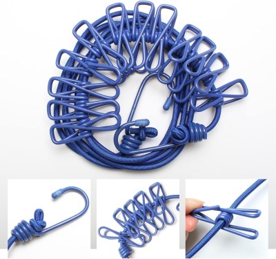 ABlue Clipper 12 Clips & 2 Hooks Portable Outdoor Clothesline Rope Nylon, Plastic Nylon Clothesline(1.8 m)