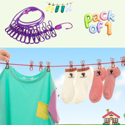 Jantrex Strong Elastic Clothesline with 12 Clips Perfect for Home and Outdoor Nylon Retractable Clothesline(2 m)