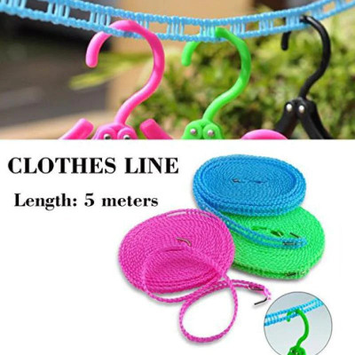 Smartonline clothesline drying nylon rope with hooks.windproof clothesline.5mtr (Pack OF 1) Plastic Clothesline(5 m)