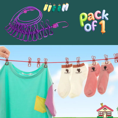 Jantrex Stretchable Clothes Drying Rope with 12 Durable Windproof Hanging Clips Nylon Retractable Clothesline(2 m)